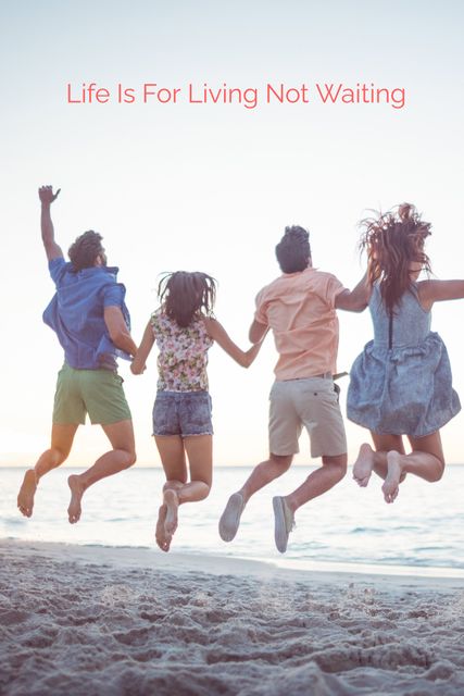 Friends Jumping on Beach at Sunset Embracing Joy and Freedom - Download Free Stock Templates Pikwizard.com