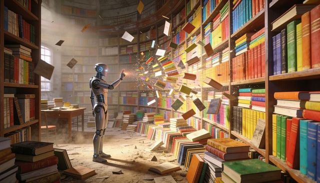 Robot retrieving books from tall wooden shelves in sunlit circular library amid scattering volumes