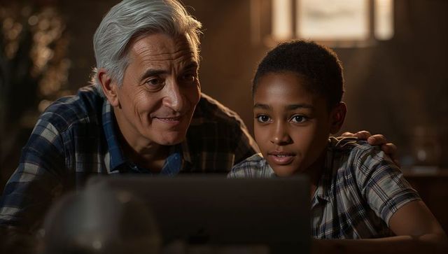 Mentorship moment: silver-haired mentor guides focused student