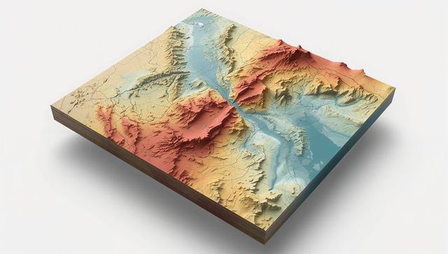 3d topographic terrain model showing color-shaded relief, contours and central river channel