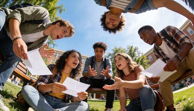 Diverse college students collaborating on study notes outdoors on university campus lawn