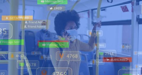 Woman in Bus with Digital Social Media Overlays: Connectivity Concept