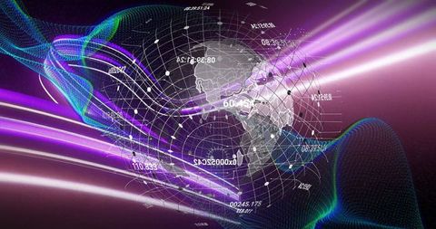 Futuristic 3D Globe with Neon Digital Grid and Waveforms