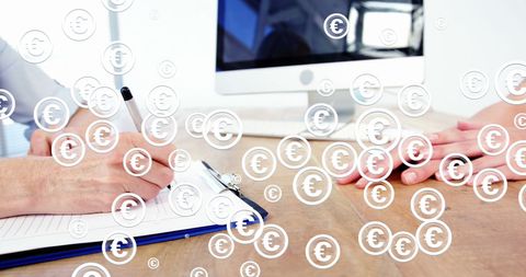 illustrating a business meeting scene with a focus on euro currency symbols suggests discussions related to finance or economy. useful for depicting financial or economic themes in international business or finance sector marketing. ideal for websites, financial consultations, or corporate presentations emphasizing euro-related transactions.