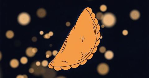 Floating half-moon pastry illustration glowing with golden bokeh on dark canvas