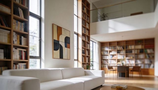 Daylit minimalist living room library with white sofa and floor-to-ceiling bookshelves