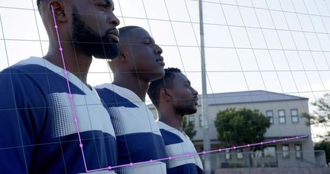 Three Soccer Players Standing in Lineup Wearing Blue White Jerseys Showing Team Unity