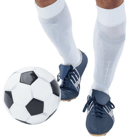 Caucasian male footballer legs transparent background with soccer ball