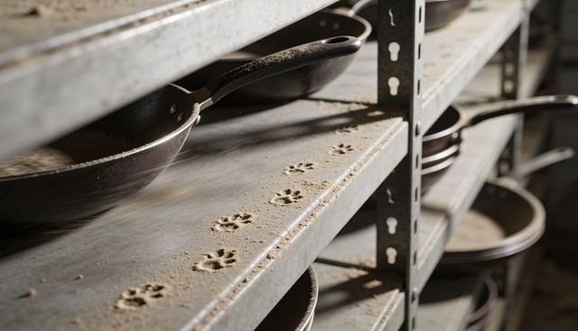 Dusty metal shelving showing paw prints crossing racks with stacked cast iron pans