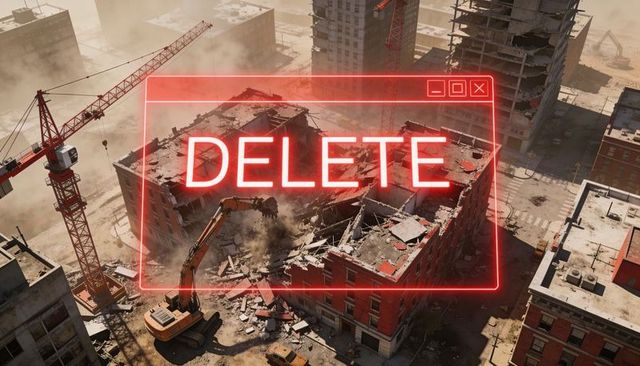 Neon delete overlay on urban demolition tearing down red-brick building with excavator
