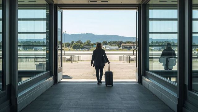 Walking woman pulling suitcase through airport gate with runway view and glass reflections