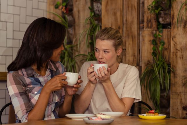 Female friends interacting with each other while having coffee in cafÃ©