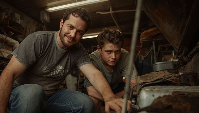 Father and son collaborating on engine in workshop setting