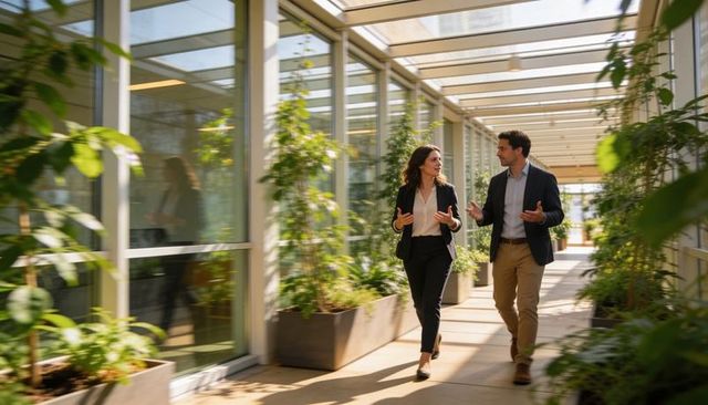 Business professionals walking and discussing in sunlit modern glass corridor with plants