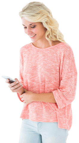 Pretty Blonde Woman Smiling While Using Smartphone on Transparent Background