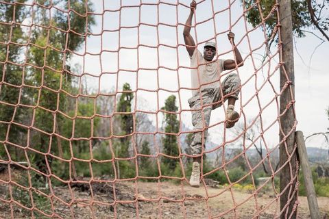this visual shows a soldier engaging in a physical exercise on a rope net, set amidst green woodland surroundings. it captures strength and perseverance, ideal for storytelling in themes related to military life, adventure training, and resilience. use in advertisements for fitness programs promoting discipline and endurance.