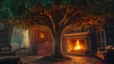Magical Tree Growing Indoors by Cozy Fireplace Creating Enchanting Atmosphere