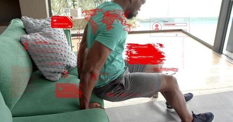 Man performing triceps dips on sofa with fitness hud overlays and home workout graphics
