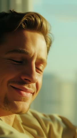 Vertical video: man smiling in golden hour window light with soft cityscape reflection