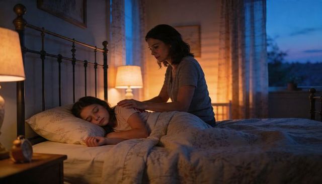 Mother Tucking Daughter into Bed at Dusk Warm Tender Bedtime Moment with Soft Lamps