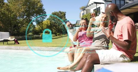 Friends clinking wine glasses by pool with turquoise digital padlock overlay
