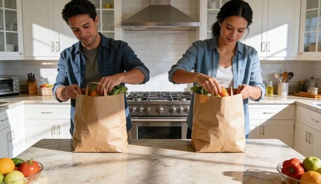 Couple packing fresh groceries on sunlit modern kitchen island, casual denim outfits