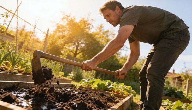 Gardener digging raised vegetable bed with hoe in sunny backyard, sustainable organic home gardening
