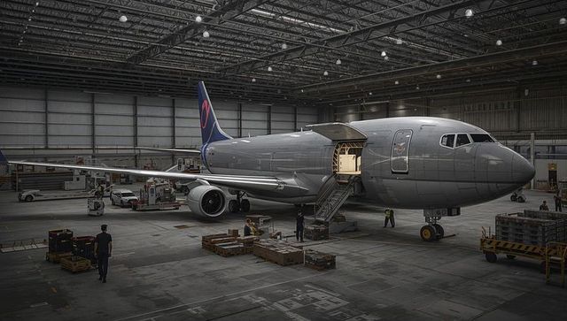 Ground crew loading cargo into widebody freighter inside expansive airport hangar operation