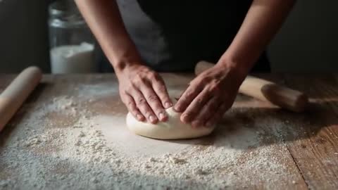 Baker kneading and shaping dough on floured wooden table rolling pins, rustic breadmaking
