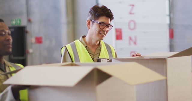 Warehouse Workers Smiling and Unpacking Boxes in Distribution Center - Download Free Stock Images Pikwizard.com