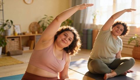 Sunlit home yoga session with plus-size women stretching together for inclusive wellness