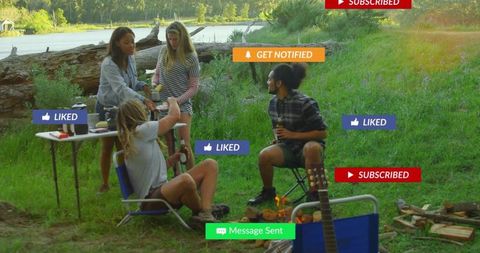 Friends camping by lake with campfire guitar and social media overlays