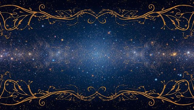 Golden filigree border framing starfield galaxy with indigo nebula and sparkling center