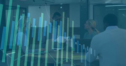 Diverse Team Discussing Data with Dynamic Overlay Charts
