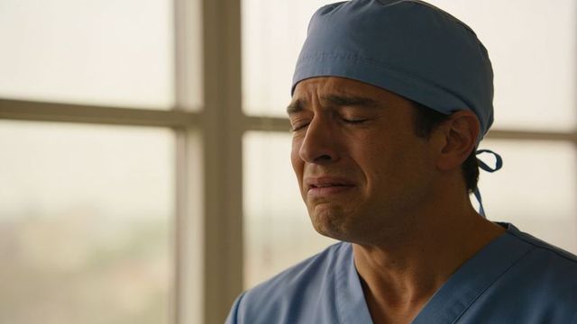 Surgeon shedding tears in blue scrubs near hospital window conveying grief and fatigue