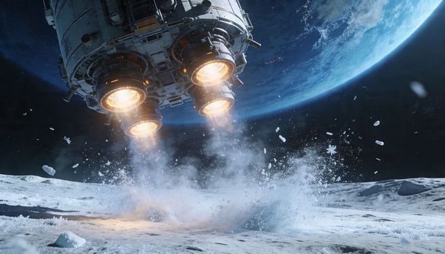 Hovering Lunar Lander Engines Firing Over Moon Surface with Earth in Background