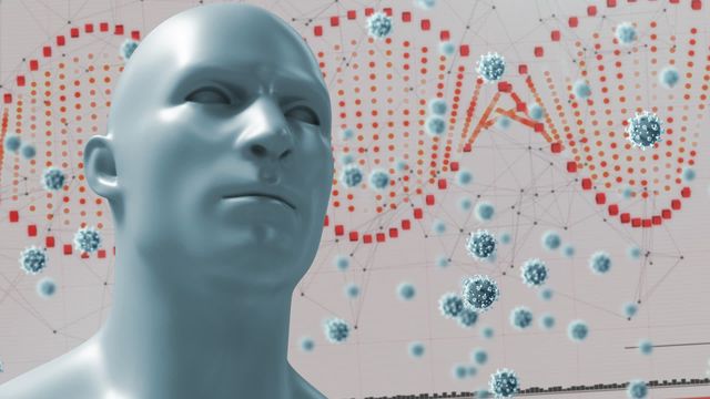 This abstract scene features a synthetic human head with virus cells floating against a digital background of DNA sequences, representing the convergence of biotechnology and digital interfaces. Ideal for use in medical research publications, biotechnology advancements, AI development concepts, and digital health initiatives during the COVID-19 pandemic.