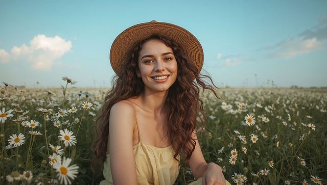 Smiling Woman in Straw Hat Enjoying Tranquil Summer Day in Meadow