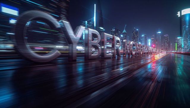 Glowing cyber monday chrome letters on wet neon city promenade, futuristic cyberpunk night