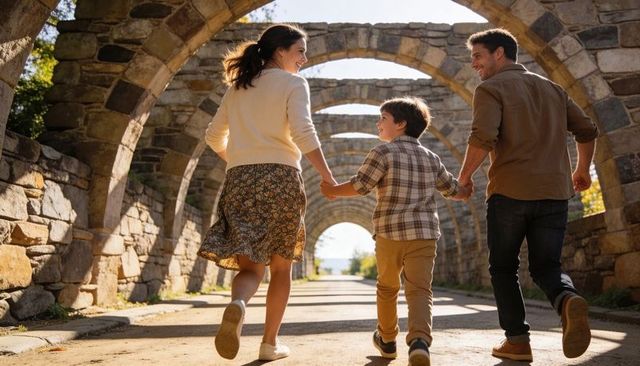 Family walking hand in hand through sunlit stone archway park pathway conveying togetherness