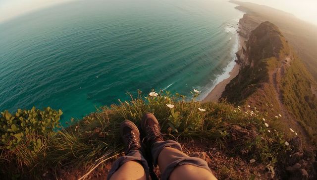 Hiker sitting on grassy wildflower clifftop overlooking turquoise ocean and beach at golden hour