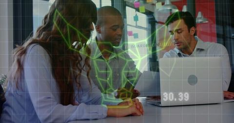 Business Team Analyzing Holographic Data in Modern Office