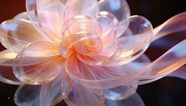 Iridescent glass flower sculpture on mirror reflecting spiral petals and soft bokeh light