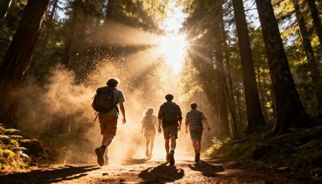 Backlit Forest Hikers Walking Through Dusty Trail with Sunbeams and Backpacking Gear