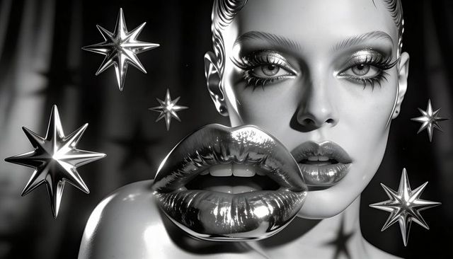 Surreal monochrome glam portrait with reflective lip prop and metallic star accents