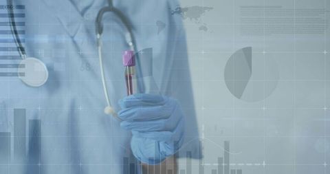 Clinician holding blood tube with stethoscope and data overlays for laboratory diagnostics