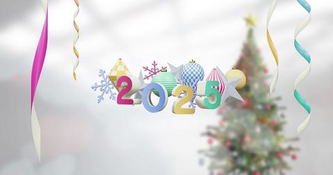 Colorful 2025 New Year Festive Background with Christmas Tree and Ornaments