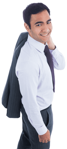 Smiling Biracial Businessman Holding Suit Jacket on Transparent Background