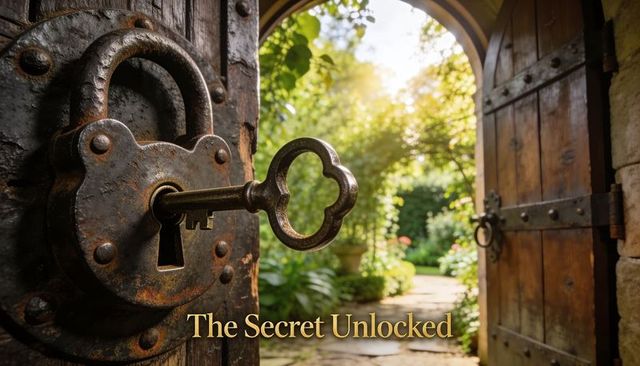 Vintage iron padlock unlocking sunlit secret garden gate with antique key