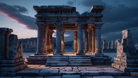 Ancient portico ruins with fluted columns at dusk